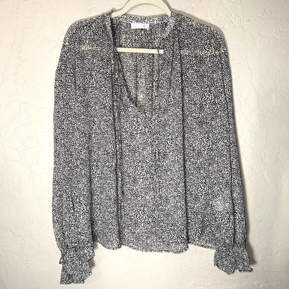 Anine Bing Abigail Printed Silk long sleeve split neck semi sheer abstract top - Picture 2 of 9